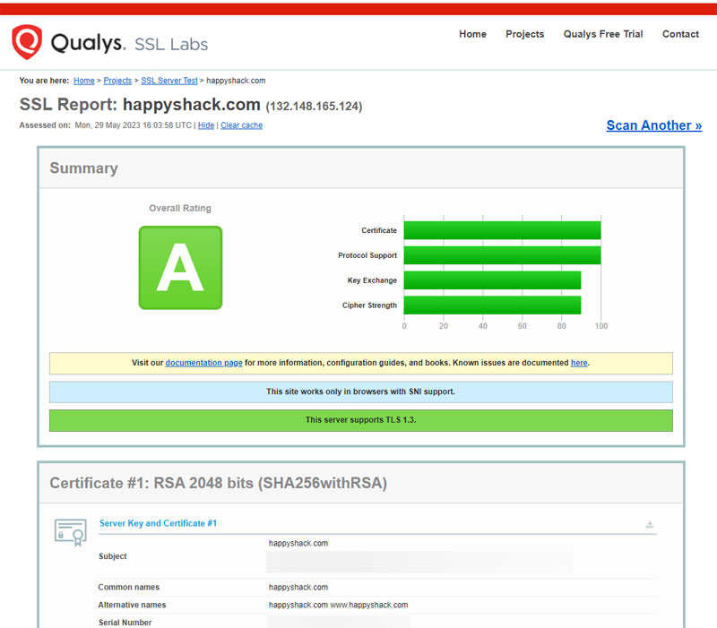 image showing Happyshack's A grade from security scan